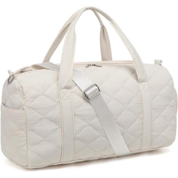 Duffle Bag Girls Kids Cute Gym Bag Quilted Beige Diamond Shaped Fabric - Picture 1 of 7